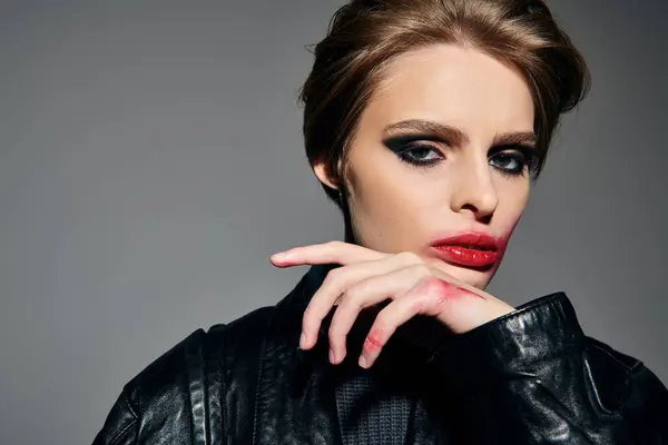 A woman in a black leather jacket, sporting a chic grungy look, stares intently at the camera. — Stock Photo