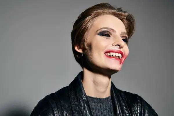 A woman in a leather jacket poses with a playful grin, her face marked with smudged red lipstick. — Stock Photo