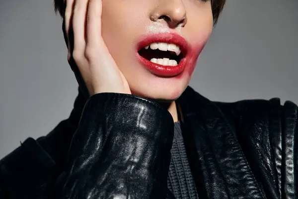 A woman in a leather jacket with smudged red lipstick, looking off camera with a defiant expression. — Stock Photo