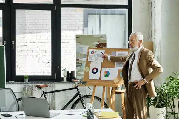 Ein schwuler Mann mittleren Alters mit Bart, gekleidet in einen Anzug, unterrichtet online und zeigt auf Tabellen auf einem Whiteboard.. — Stockfoto