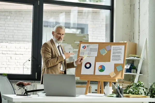 Ein gestandener Lehrer mit Bart steht vor einem Korkbrett mit Diagrammen und erklärt einer Online-Klasse Konzepte. — Stockfoto