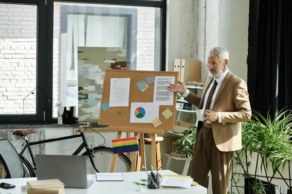 A mature gay man with a beard, dressed in a suit, teaches a class online through his laptop. — Stock Photo