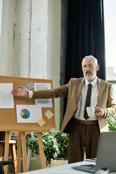 A middle-aged man with a beard, wearing a suit, teaches, gesturing toward a whiteboard with charts and notes. — Stock Photo