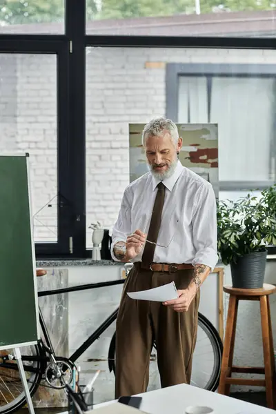 Ein reifer Mann mit Bart unterrichtet online, während er in einem Raum mit Fahrrad und Pflanze steht. — Stockfoto