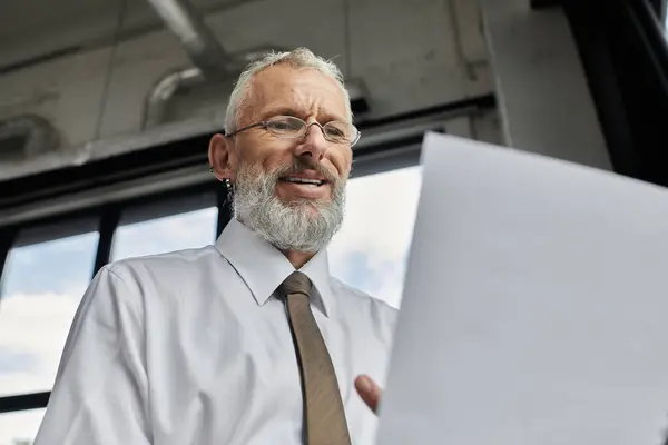 A mature man with a beard, wearing a white shirt and tie, teaches from a bright office. — Stock Photo