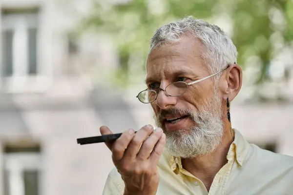 A middle-aged man with a beard and glasses speaks into a recording device while standing in front of a modern building. — Stock Photo