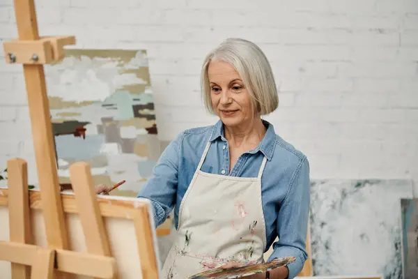 A mature woman paints on a canvas while standing in front of an easel in her art studio. — Stock Photo