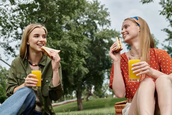 Duas jovens mulheres desfrutam de um piquenique ensolarado em um parque verde, compartilhando sanduíches e suco. — Fotografia de Stock