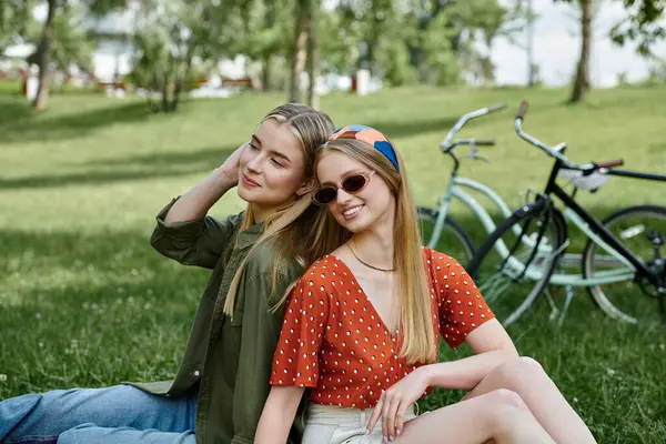 Two young women sit together on a grassy park lawn, enjoying a date. — Stock Photo