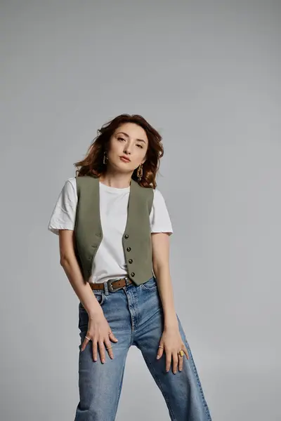 Une femme asiatique élégante pose sur un fond gris, portant un gilet vert et un jean, ses cheveux en cascade sur ses épaules. — Photo de stock