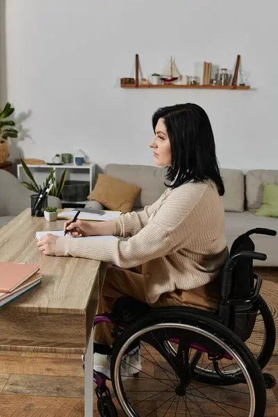 Une femme en fauteuil roulant s'assoit à une table, écrivant sur un morceau de papier. — Photo de stock