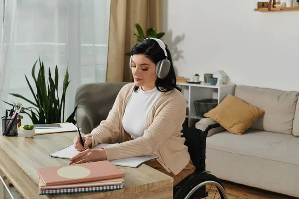 Eine Frau im Rollstuhl schreibt in ein Notizbuch am Schreibtisch, während sie Kopfhörer trägt. — Stockfoto