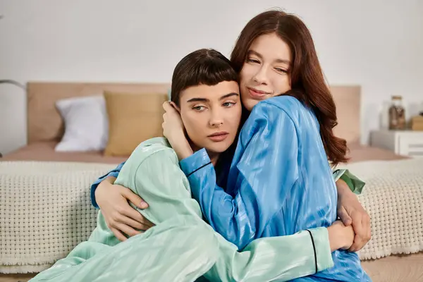 A young lesbian couple cuddles on a bed, wearing matching pajamas, enjoying a peaceful morning together. — Stock Photo