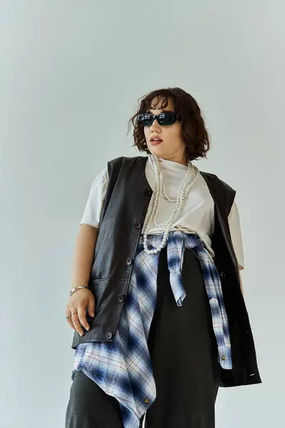 Una mujer en un chaleco de cuero, gafas de sol y una camisa a cuadros posa sobre un fondo blanco. - foto de stock