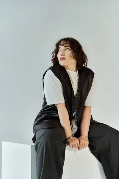 Una mujer con ropa colorida se sienta pensativamente contra un telón de fondo brillante. - foto de stock