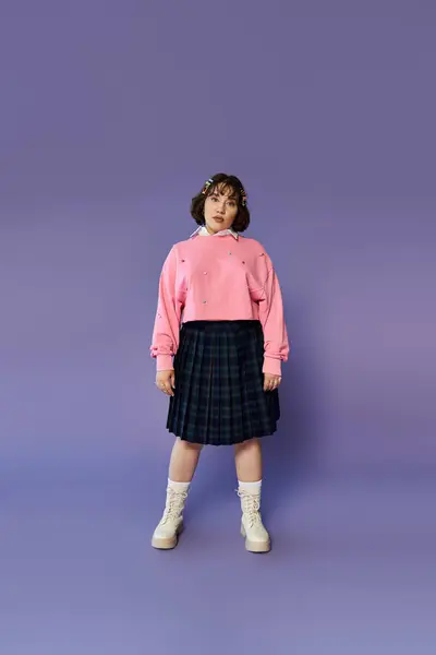 Woman confidently stands in pink sweater, plaid skirt against lavender backdrop — Stock Photo