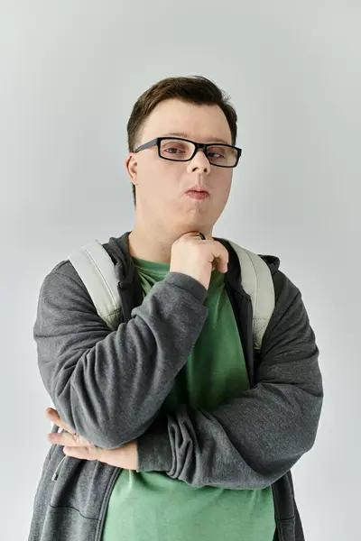 A young man with Down syndrome contemplating life at home during a quiet moment. — Stock Photo