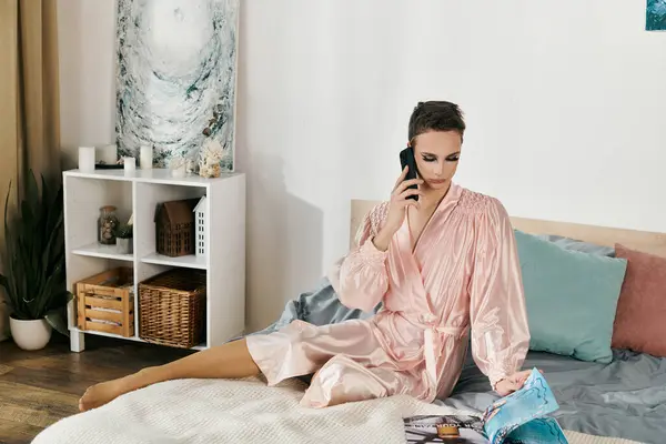 A glamorous drag queen chats on the phone, showcasing elegance in a chic bedroom. — Stock Photo