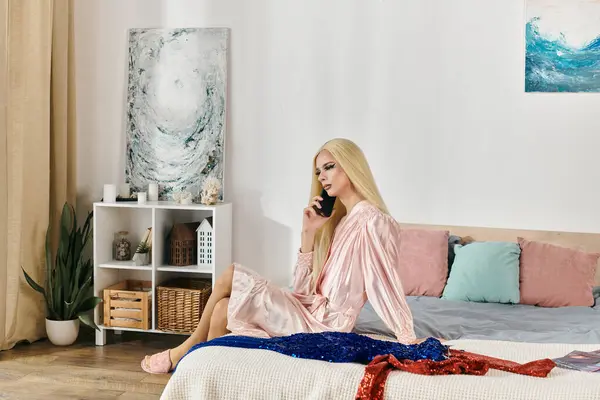 A attractive young drag queen sits elegantly, holding a phone in a stylish room. — стоковое фото