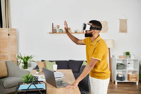 Engaging in immersive virtual reality while relaxing comfortably indoors. — Stock Photo