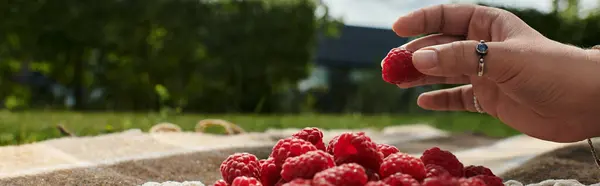 A young woman relaxes on a picnic blanket, savoring summer warmth with sweet raspberries around her. — Stock Photo