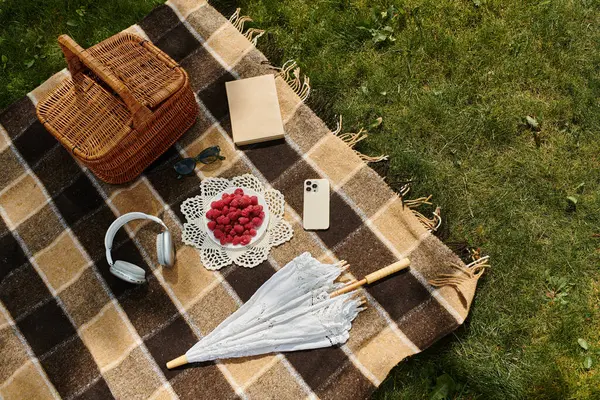 A picnic blanket, surrounded by fresh raspberries and summer vibes. — Stock Photo