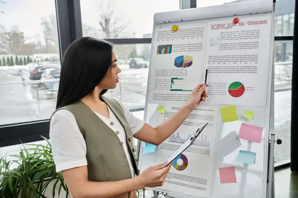 A woman presents analytics on a poster board during a meeting. — Stock Photo