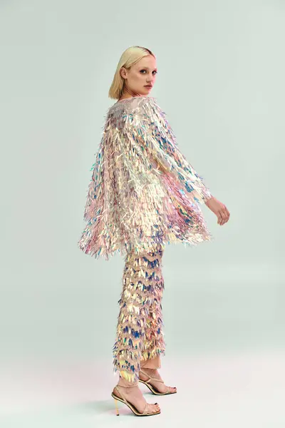 A young woman poses elegantly in luminous, trendy attire with holographic elements. — Stock Photo