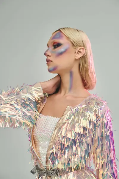 A stylish young woman showcases her holographic attire in a captivating pose. — Stock Photo