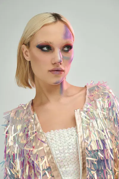 A young woman radiates confidence in her holographic ensemble. — Stock Photo