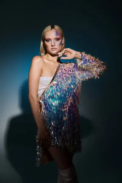 A young woman showcases her stylish attire adorned with holographic details. — Stock Photo