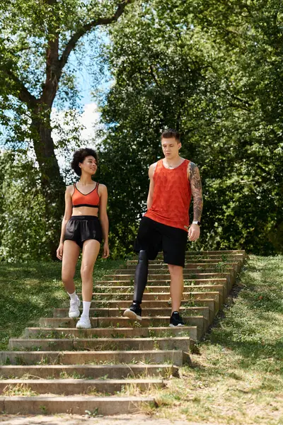 Deux amis profitent d'une séance d'entraînement ensemble, embrassant fitness et amitié au milieu de la beauté de la nature. — Photo de stock