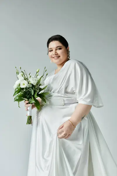 Une rayonnante plus les poutres de la mariée de taille tout en tenant un bouquet luxuriant, orné d'une robe blanche élégante. — Photo de stock