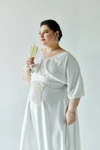 A beautiful bride radiates joy in her white gown and earrings, toasting with a glass of champagne. — Stock Photo