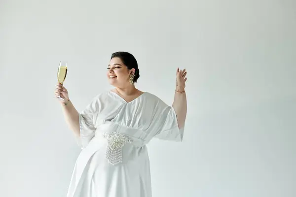 A joyful bride raises a glass, embracing her beauty in a flowing white gown that exudes elegance. — Stock Photo