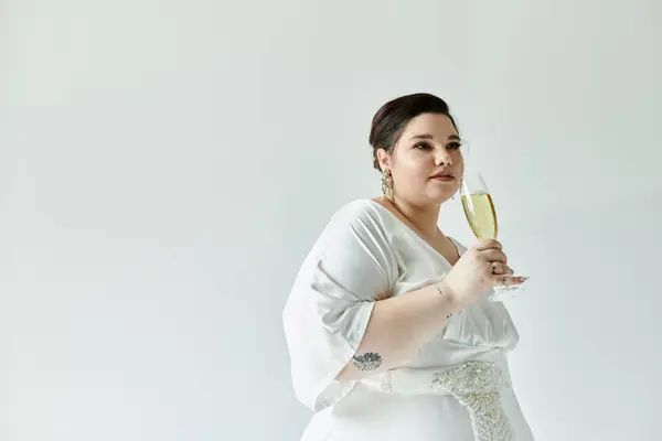 Une superbe mariée lève une coupe de champagne, rayonnant de joie dans sa robe blanche fluide sur un fond sourd. — Photo de stock