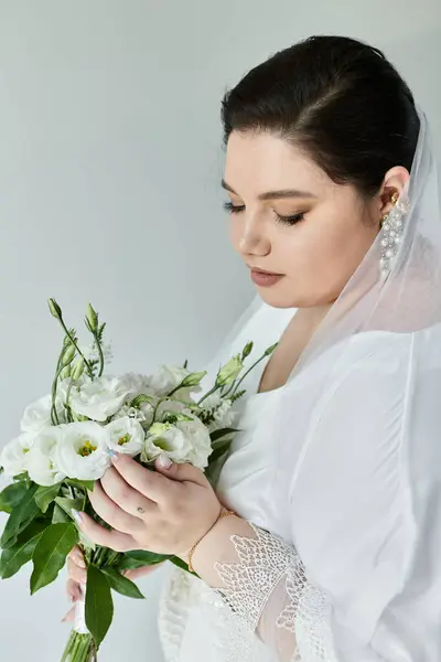 Uma noiva bonita plus-size embala suavemente um buquê branco, adornado em seu vestido de casamento delicado. — Fotografia de Stock