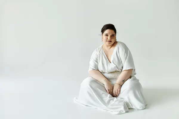 Una joven novia radiante en un vestido blanco que fluye y elegantes pendientes posa con gracia, mostrando belleza y confianza. - foto de stock