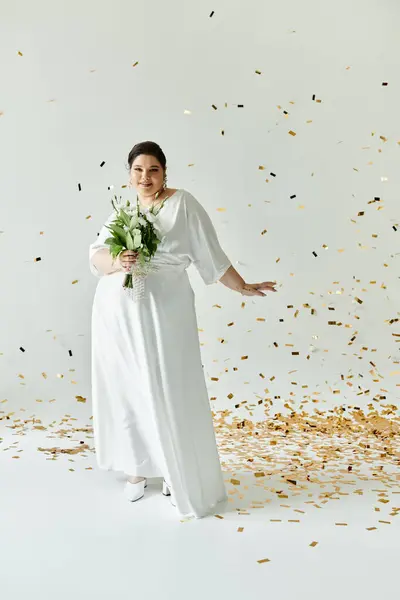 Una sposa gioiosa in abito bianco colpisce una posa, tenendo un bouquet come coriandoli deriva intorno a lei. — Foto stock