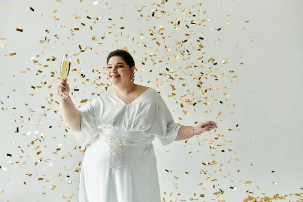 A beautiful plus-size bride joyfully raises a glass amidst floating confetti, showcasing her elegant elegance. — Stock Photo