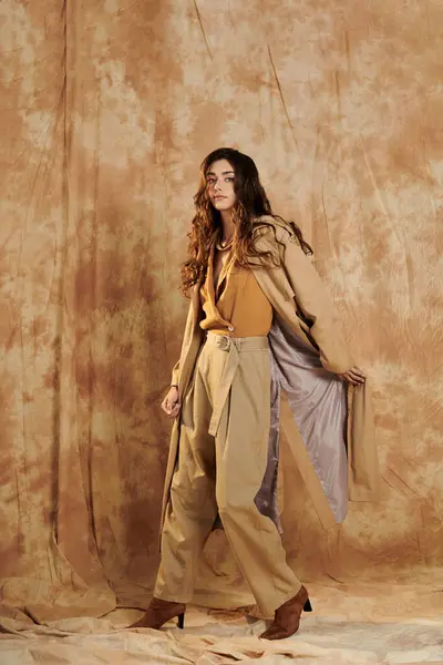A young woman exudes confidence in her chic autumn outfit, posing gracefully against a textured backdrop, embodying seasonal elegance. — Stock Photo