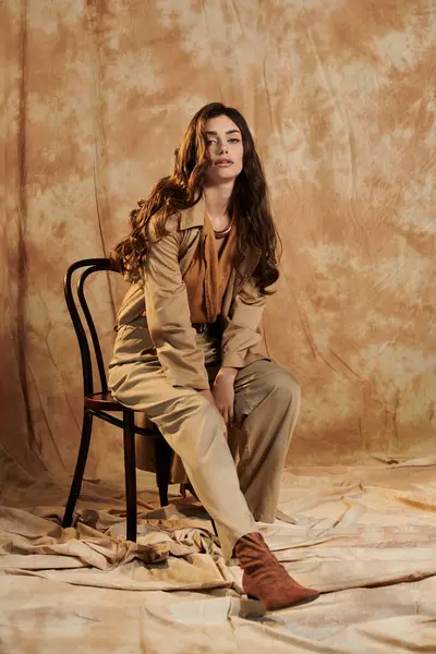 Una mujer joven posa elegantemente en un traje de otoño elegante, rodeado de tonos cálidos en un ambiente de estudio. — Stock Photo