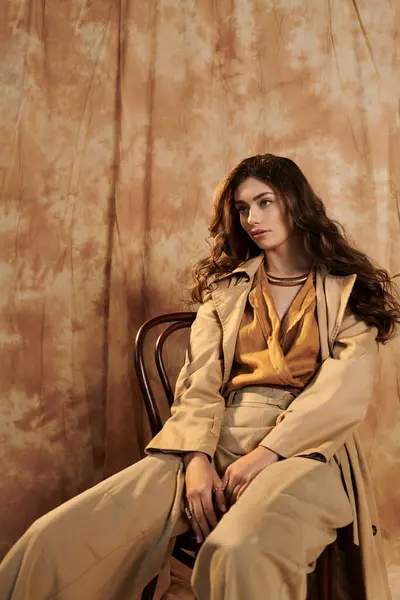 A beautiful young woman poses gracefully in an elegant autumn outfit, surrounded by warm, inviting tones. — Stock Photo