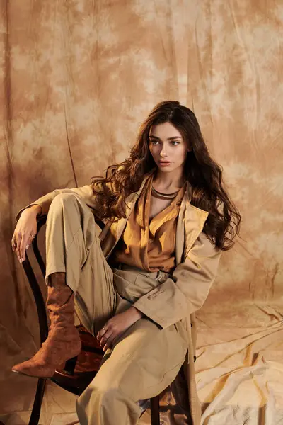 A young, beautiful woman poses casually in a stylish autumn outfit, radiating elegance in a warm, inviting studio space. — Stock Photo