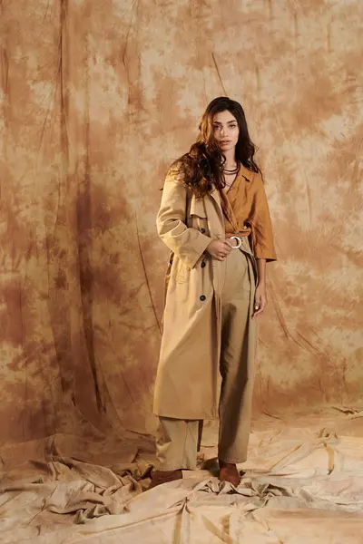 A young woman showcases her chic autumn look, combining elegance and comfort in a warm studio environment. — Stock Photo