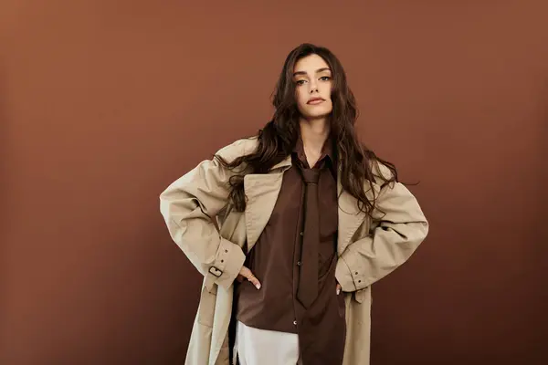 Eine junge Frau posiert selbstbewusst in einem schicken Herbst-Outfit, das Wärme und Stil vor einer reichen Kulisse ausstrahlt. — Stockfoto
