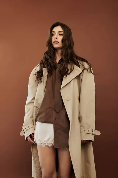 A young woman in a fashionable autumn outfit poses gracefully in a studio, radiating autumnal style and elegance. — Stock Photo