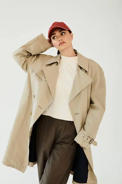 Une jeune femme pose élégamment dans une tenue d'automne tendance, exsudant un charme sans effort dans un cadre minimaliste studio. — Photo de stock