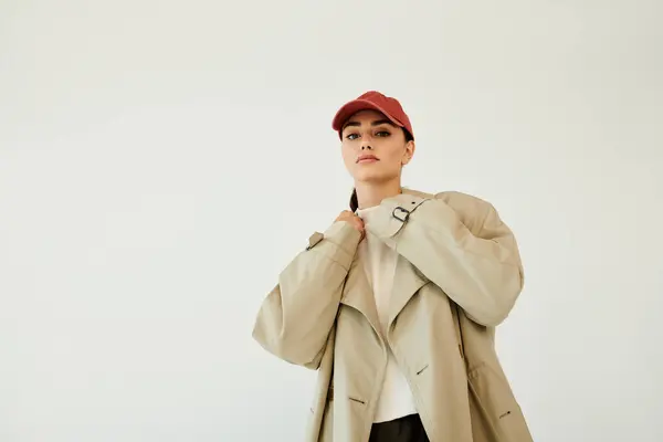 A young woman showcases her autumn style with a chic outfit, exuding confidence in a cozy studio environment. — Stock Photo
