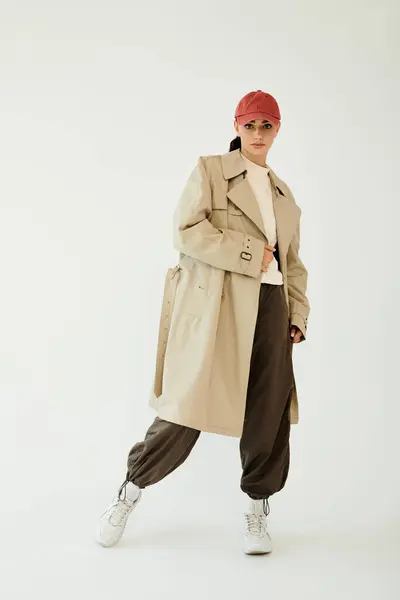 A young woman poses beautifully in a chic autumn outfit, exuding elegance in a contemporary studio atmosphere. — Stock Photo